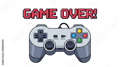Retro video game controller pixel art illustration with the text game over appearing above in a classic arcade font.