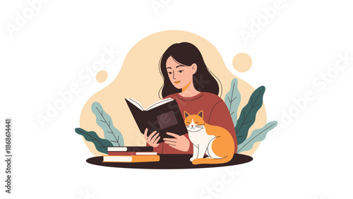 Young woman enjoying a quiet moment reading a book with her ginger and white cat sitting comfortably on her lap.