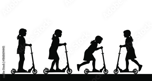 Black silhouette of four young girls riding kick scooters in a row showing active movement and outdoor play on white background.