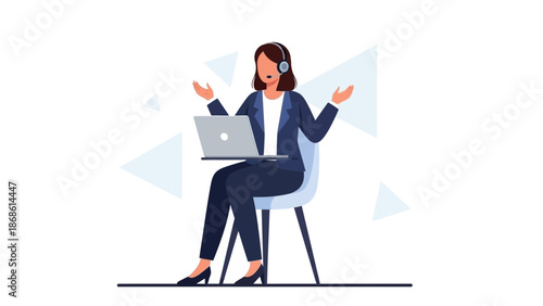 Customer Service Agent with Laptop and Headset, Business Woman Working