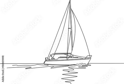 Sailboat sailing on calm waters with sails fully extended and reflection on surface