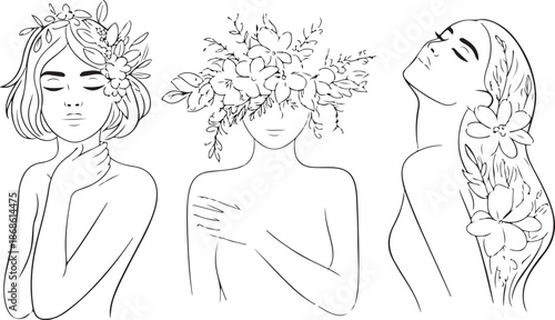 Peony woman line art portrait. Flower Head Woman Line Drawing. Surreal Minimalist Art. Beauty Salon logotype