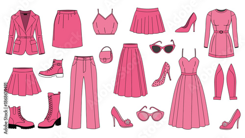 Extensive collection of women fashion items including dresses skirts shoes and accessories all in vibrant shades of pink.