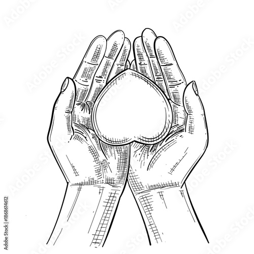 Hands holding heart shape vector line art hand drawn illustration