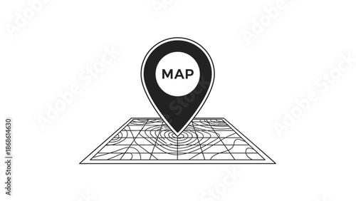 Simple black and white line art map with a large location pin marked with the word map pointing to the center point.