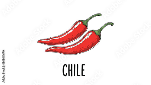 Realistic illustration of two red chili peppers lying side by side with the word chile written below in bold black.