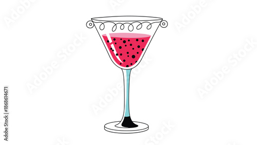 Artistic glass of pink carbonated beverage with black dots and a decorative stem against a clean white background.