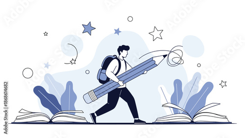Young man walking with a large blue pencil over open books in a dreamy space with stars and plants for education.