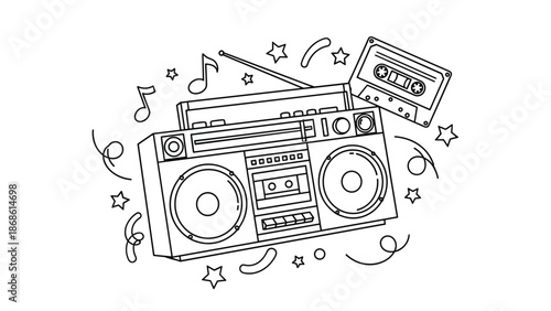 Retro boombox radio and a cassette tape surrounded by musical notes and stars in a simple black and white line art.
