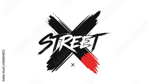 Gritty black and white street text layered over a large black cross symbol with a red accent for urban brand identity.