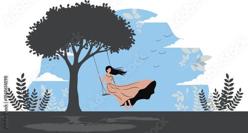Swing under tree, nature illustration, peaceful moment, flowing dress, birds flying, blue sky, decorative foliage, tranquil scene, emotional art, stylized vector, tree roots, outdoor relaxation,