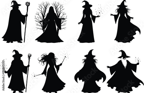Witch silhouette, wizard silhouette, magical character, fantasy spellcaster, Halloween costume, enchanted figure, mystical pose, magic wand, pointed hat, dark robe