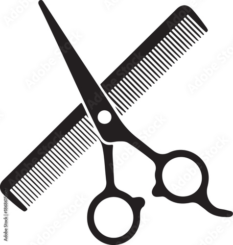 Scissors and hairbrush graphic icon. Sign crossed scissors and hairbrush isolated on white background. Barbershop symbols. Vector illustration