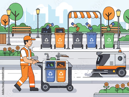 City park scene with sanitation worker smart sweeper and labeled trash bins