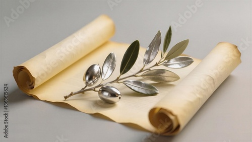 A silver olive branch with olives rests on an ancient parchment scroll, evoking peace and wisdom, expressed in a serene and timeless composition. Used for themes of diplomacy, history, or tranquility.