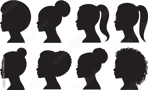 Set of silhouette afro girl. Collection of black woman face with stylized hairstyle. Vector illustration of girl head with stylized haircut