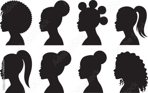 Set of silhouette afro girl. Collection of black woman face with stylized hairstyle. Vector illustration of girl head with stylized haircut
