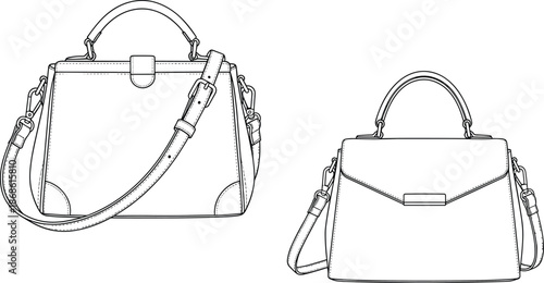 Handbag technical sketch, top handle bags, detachable strap, flat vector, fashion design, flap closure, buckle detail, product illustration