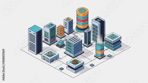 Isometric cityscape with various buildings and data centers.