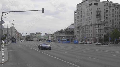 Russia, Moscow. Traffic on the Garden Ring with many cars moving along the busy urban street, cityscape, and transportation concept