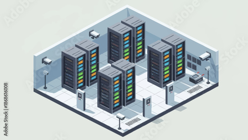 Data center server room with multiple servers and cooling systems.