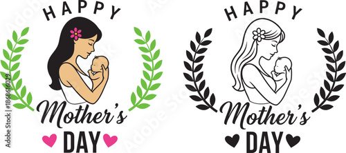 Happy mothers day greeting with mother holding baby, framed by laurel wreaths, color and outline versions