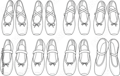 Ballet flats sketch, strap variations, bow detail, flat vector, fashion footwear, shoe design, line art, top view, collection