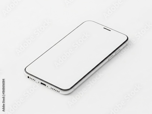 Modern smartphone with blank screen on white background, showcasing sleek design and minimalist aesthetic isolated on white background