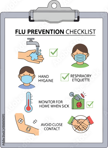 Clipboard checklist for flu prevention with illustrations of hygiene practices