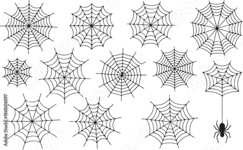 Set of web silhouettes. Spider web collection for halloween. Black and white illustration of elements for decor for the celebration of Halloween