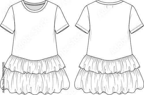 Photography Girls short sleeve ruffle dress technical fashion flat sketch, front back view,