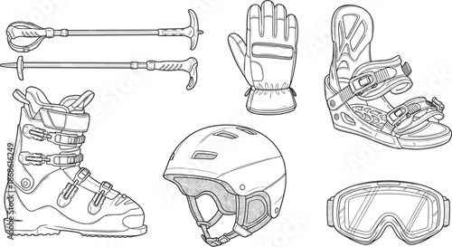 Winter sports gear sketch, ski equipment, snowboard accessories, flat vector, helmet, goggles, boot, glove, pole, binding, technical drawing