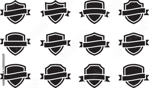 Shield labels. Shield with ribbon. Vintage label set. Vector badge collection