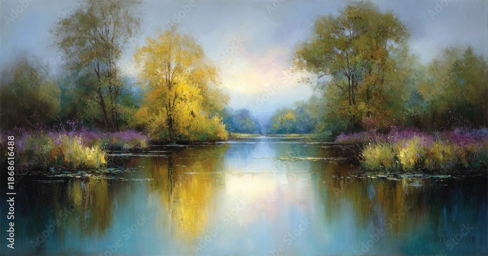 Fototapeta premium Autumnal Reflection - Serene River Landscape with Golden Trees.