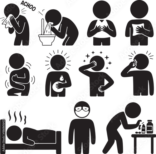 Sick ill Fever Flu Cold Sneeze Cough Vomit Disease