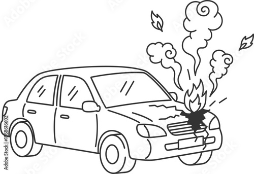 Damaged car on fire with smoke and flames coming out of the front