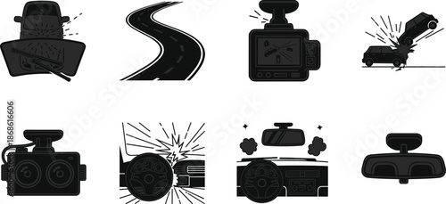 Car safety and dash cam icon set vector, black silhouette illustrations for accident monitoring, airbags, and dashboard views