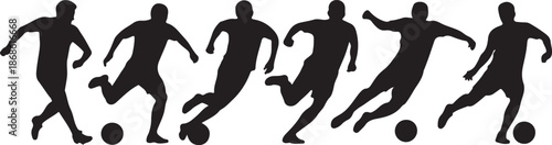 Soccer players, group of footballers. Set of isolated vector silhouettes. Ink drawing. Team sport