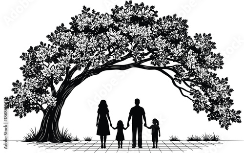 Collection of black silhouettes featuring a happy family standing together under a large leafy tree in a peaceful outdoor park, vector illustration.