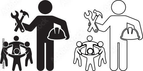 Labor Day vector icon set featuring worker with tools and united community group. Black silhouette and outline illustration for International Workers Day or construction industry job symbol.