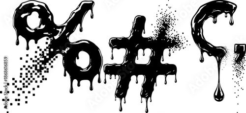 Ink dripping symbols set with grunge and digital pixel decay