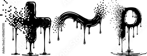 Black dripping ink symbols with pixelated glitch effect