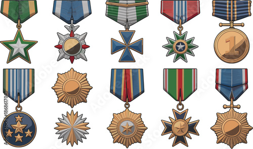 Collection of various military medals and award ribbons including stars, crosses, and circular gold emblems, honor and bravery vector illustration set isolated.