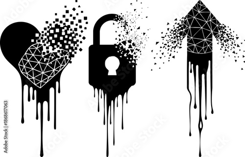 Abstract digital disintegration heart, padlock, and arrow symbols.