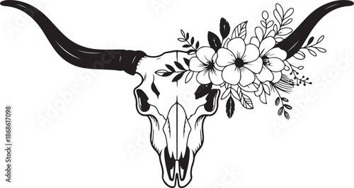 Texas longhorn black and white vector illustration. Longhorn skull with flowers, clipart. Silhouette Texas Longhorn. Bull Head Logo Icon