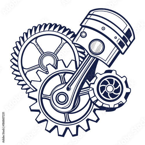 Illustrated engine piston with gears