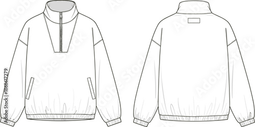 Men half zip pullover jacket technical flat sketch, front back view, long sleeve outerwear apparel vector illustration mockup design template