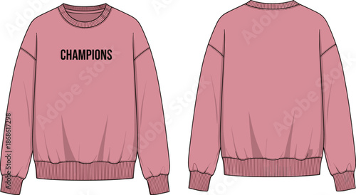 Men crewneck sweatshirt technical flat sketch, front back view, long sleeve casual apparel vector illustration mockup design template fashion branding