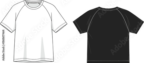 Men raglan sleeve t shirt technical flat sketch, front back view, casual apparel vector illustration, fashion design outline mockup, template