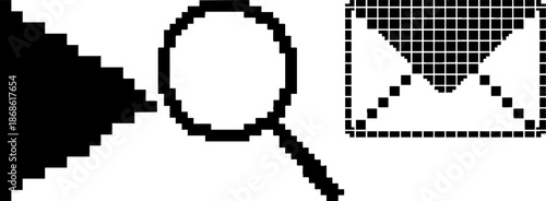 Digital Pixel Art Icons: Play, Search, and Mail Symbols